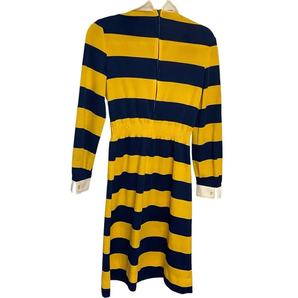 Verona Long Sleeve Knee Length Dress Women's 10 Yellow Blue Striped VTG Preppy